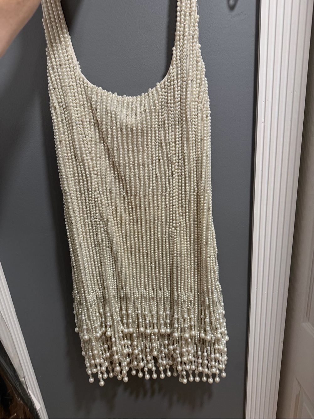 Mac Duggal Ivory Beaded Fringe Cocktail Dress